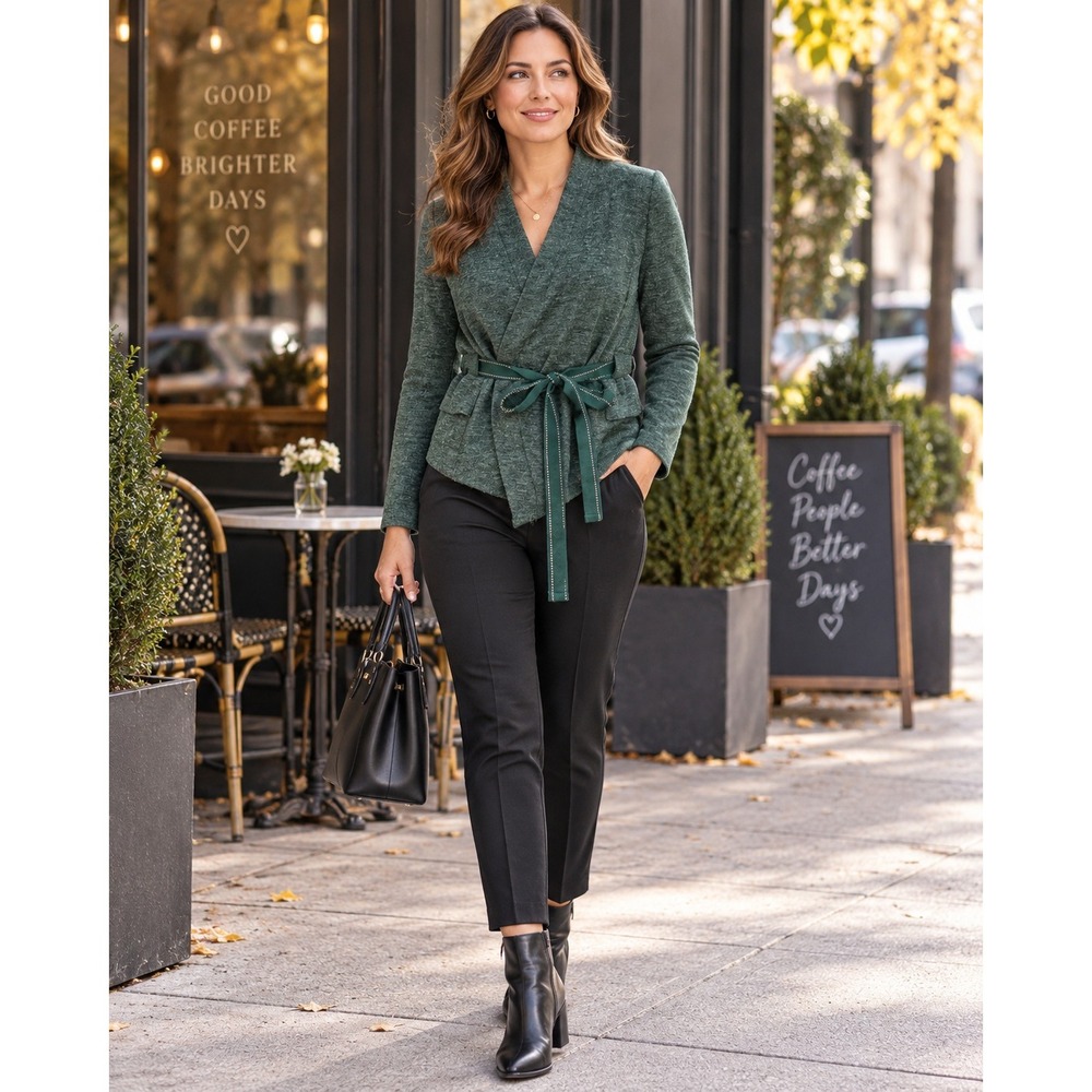 Anthropologie Cartonnier  Forest Green Wrap Jacket Belted Knit Blazer Cardigan